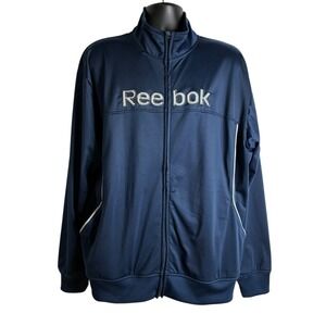 Reebok Men's Sz XL Warm Up Windbreaker Track Jacket Navy Blue Spell Out Full Zip